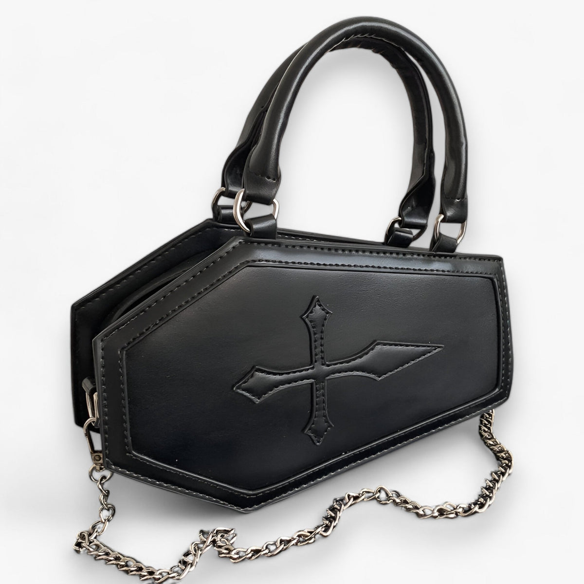 Handbag : Sac à Main Gothique en Forme de Cercueil avec Chaîne pour Halloween dans Noir 24.5x6x15cm de Marche Lino