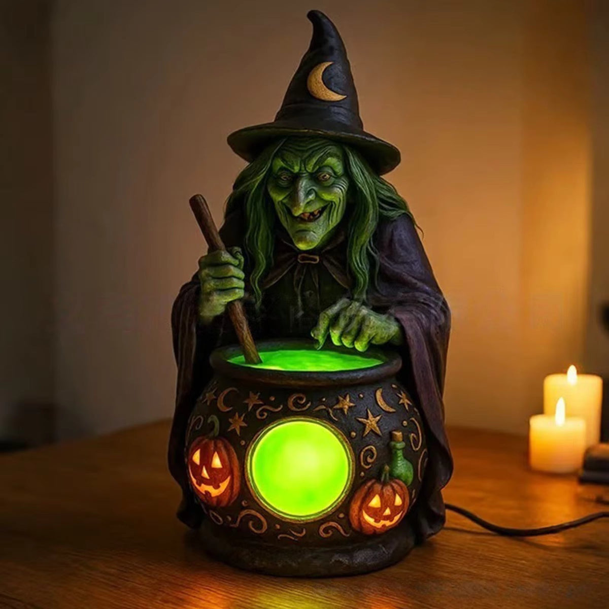 Lampe de Table Chaudron de Sorcière en Résine avec LED Vert Néon
