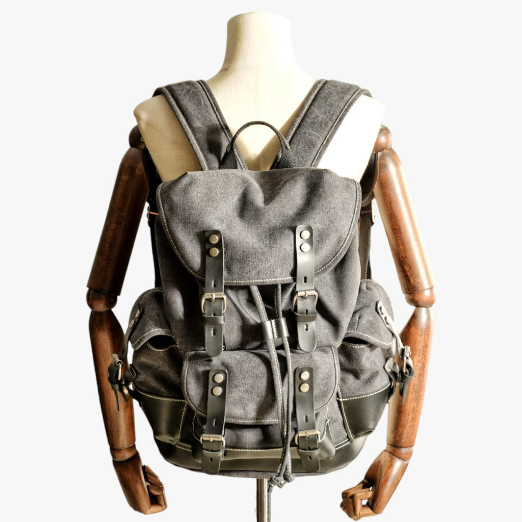 Sac à dos Randonnée Toile et Cuir Grande Capacité Homme