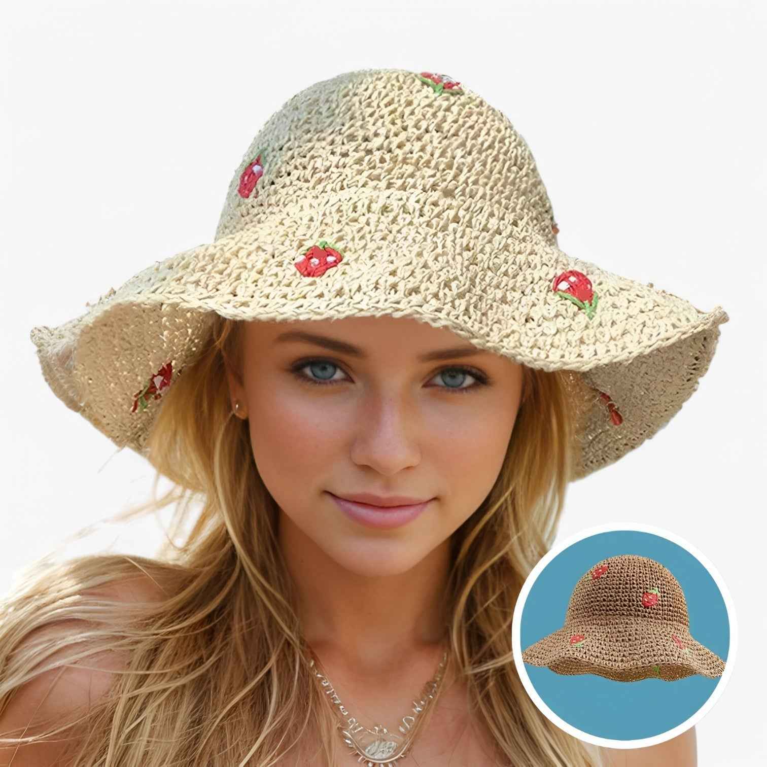 Chapeau de soleil fraise – Pliable, fait à la main et protecteur et tendance