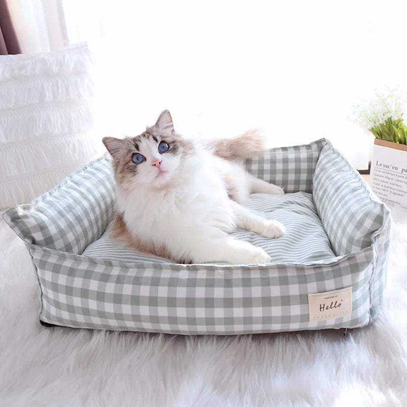 Lit pour chien Motif à carreaux beige - Lieu de repos douillet - 100% Coton