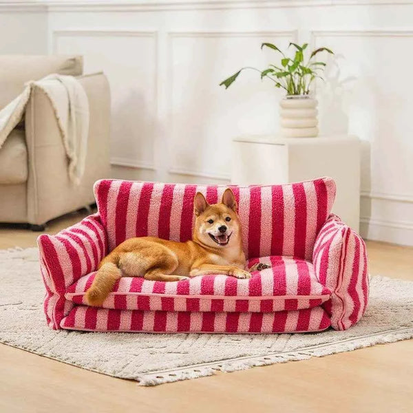 pets : Lit pour chien Design à rayures roses - Doux et chaud lieu de repos - Imitation peau de mouton dans de Marche Lino
