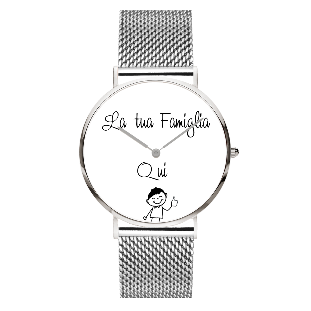 Montre personnalisée famille Acier – Prénom & illustration, bracelet maille argentée