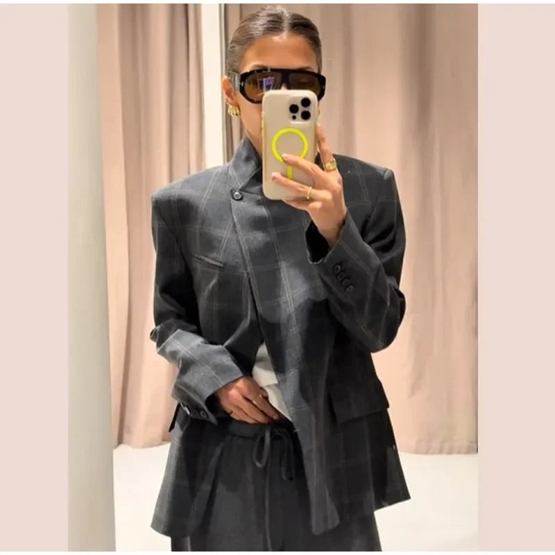 Veste Blazer Femme Grise à Carreaux Manches Longues