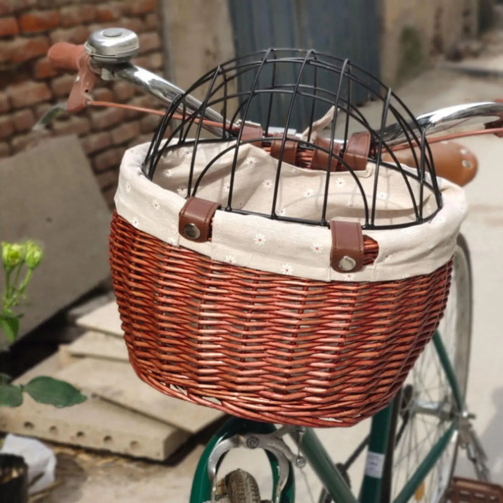 Panier de vélo avant en osier pour petits chiens avec grille de sécurité amovible