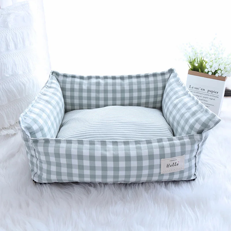 Lit pour chien Motif à carreaux beige - Lieu de repos douillet - 100% Coton