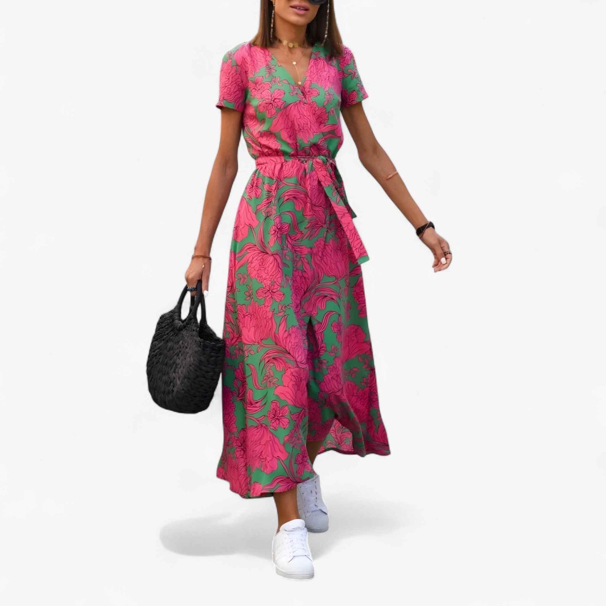 Robe Élégante Femme Nery avec Décolleté en V Profond, Robe de Soirée Estivale Décontractée