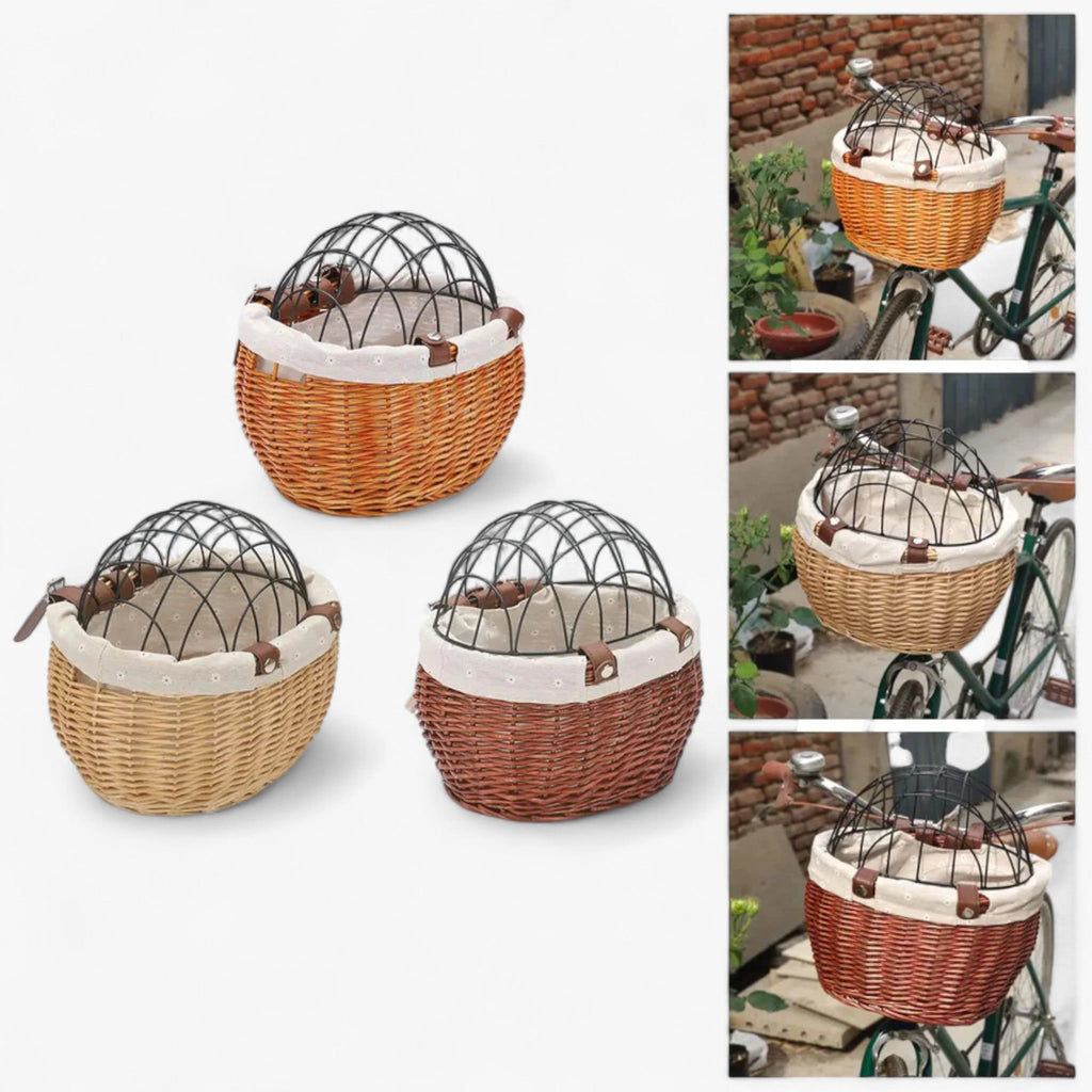 Panier de vélo avant en osier pour petits chiens avec grille de sécurité amovible