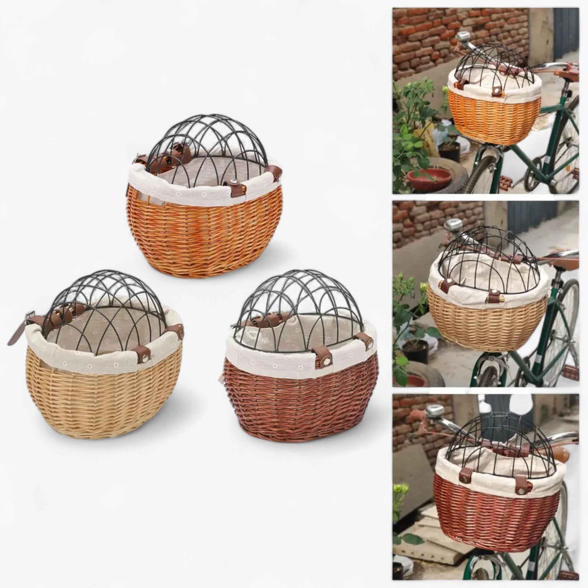Pets & Supplies : Panier de vélo avant en osier pour petits chiens avec grille de sécurité amovible dans de Marche Lino