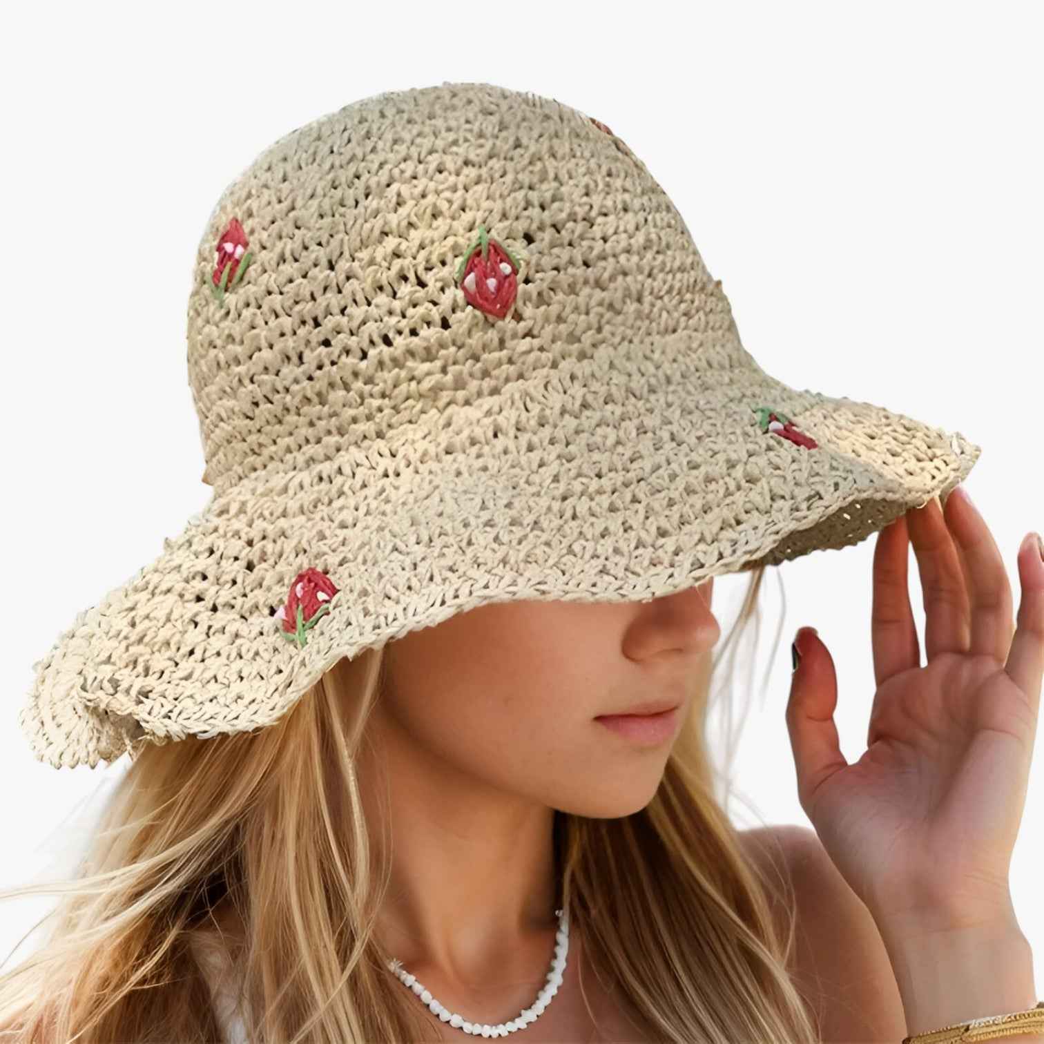 Chapeau de soleil fraise – Pliable, fait à la main et protecteur et tendance