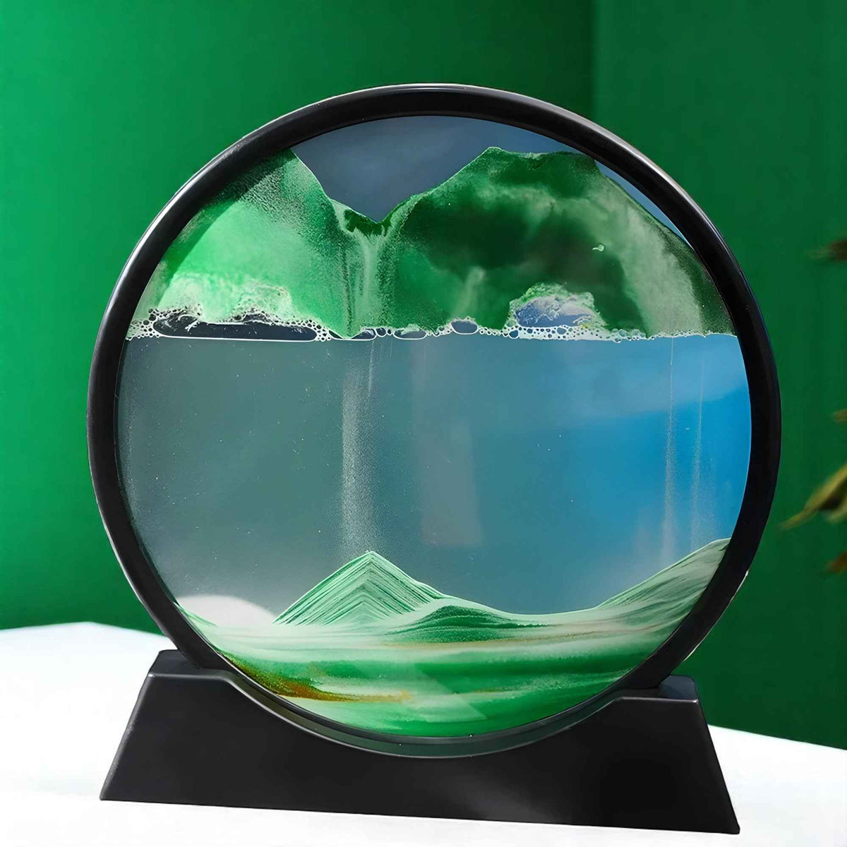 Art de sable : Tableau Sable Mouvant 3D Décoratif en Verre - Paysage Relaxant pour Bureau/Maison dans Vert de Marche Lino
