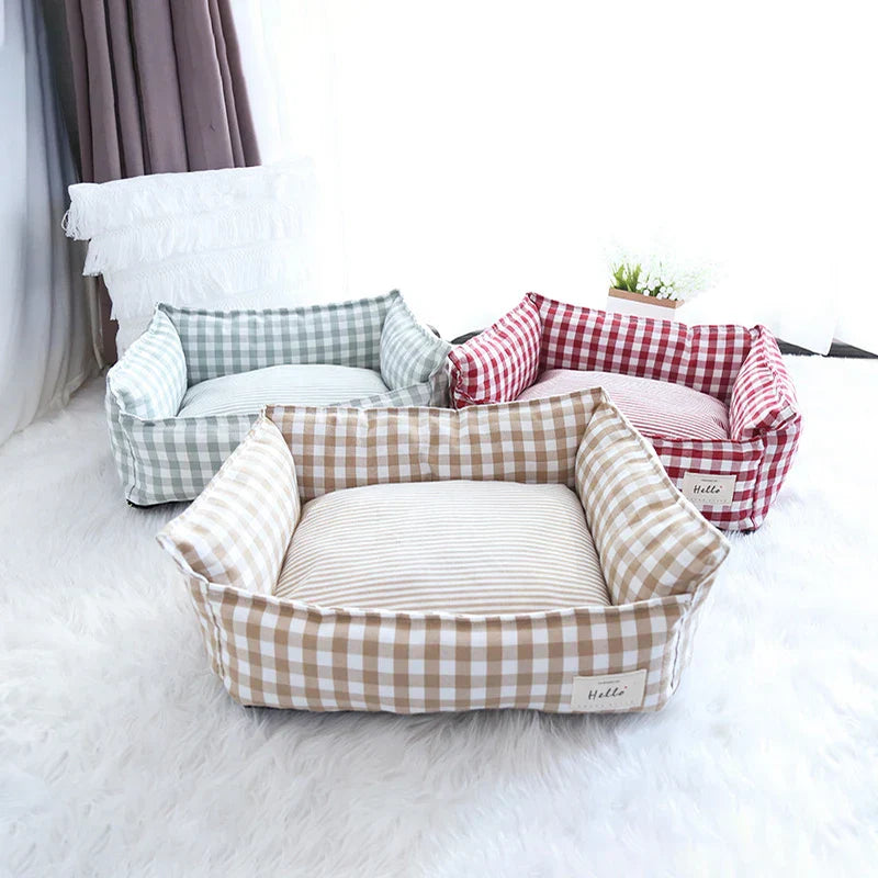 Lit pour chien Motif à carreaux beige - Lieu de repos douillet - 100% Coton