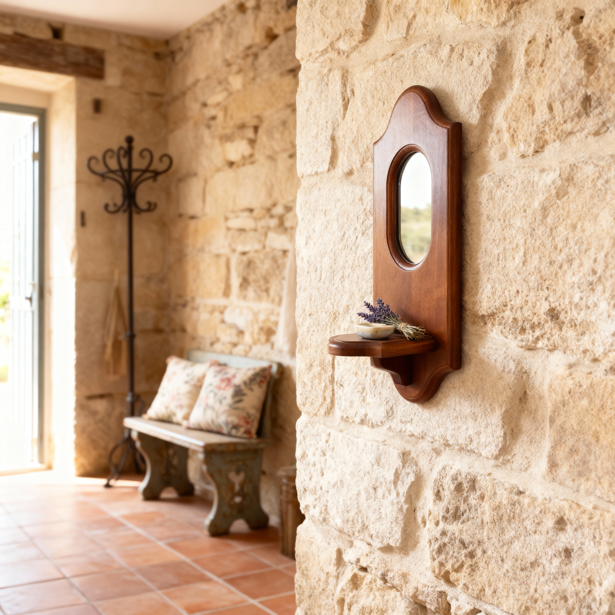 Miroirs : Miroir Mural Vintage Multifonctionnel avec Étagère Bois dans de Marche Lino
