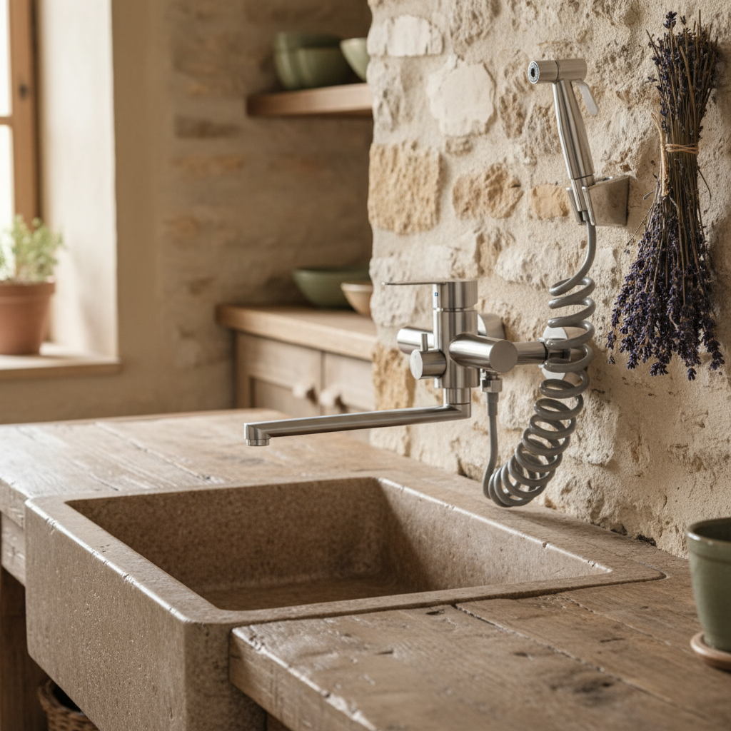 Robinet mural de cuisine pivotant 360° douchette acier inoxydable