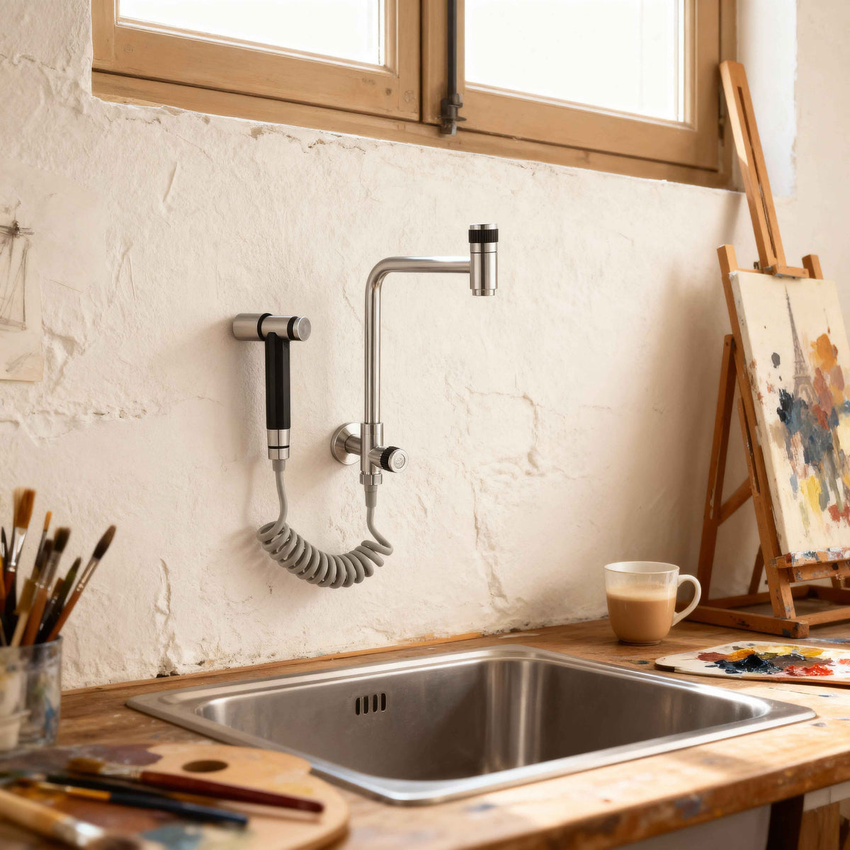 Robinet de cuisine : Robinet Mural Cuisine Noir Mat en Acier Inoxydable avec Douchette Extractible dans de Marche Lino