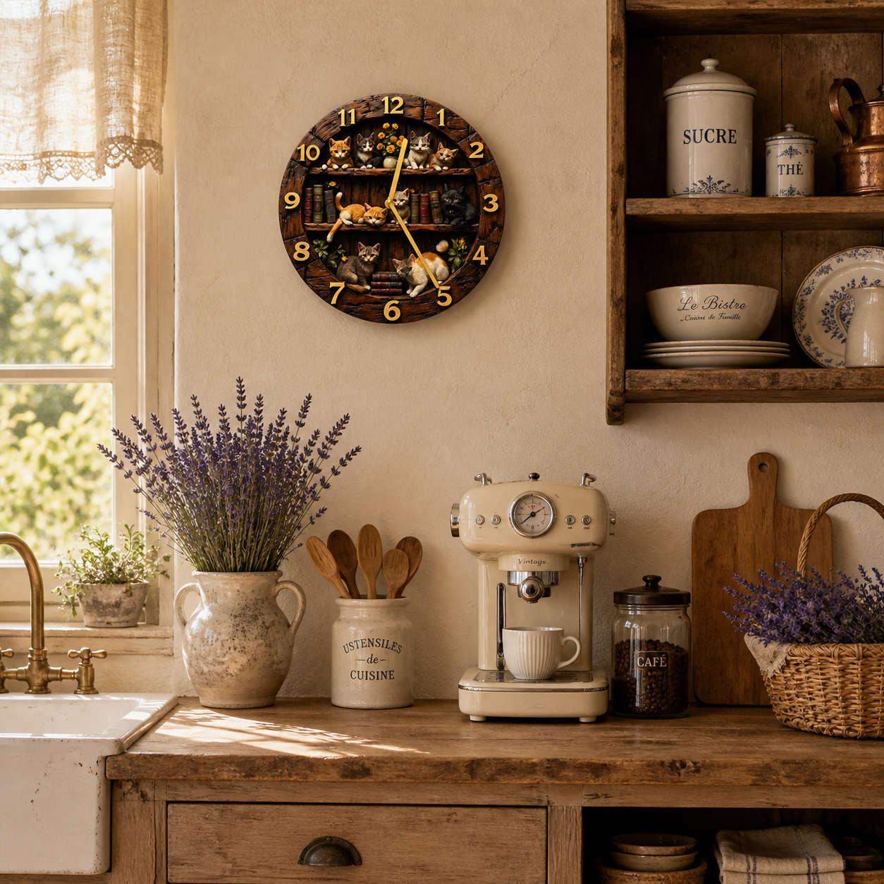 Horloge Murale Ronde en Bois Motif Chats Vintage 25 cm Silencieuse