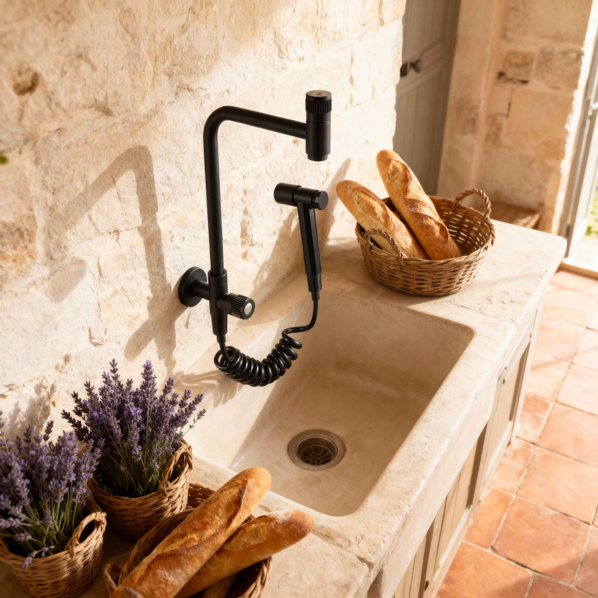 Robinet de cuisine : Robinet Mural Cuisine Noir Mat en Acier Inoxydable avec Douchette Extractible dans de Marche Lino