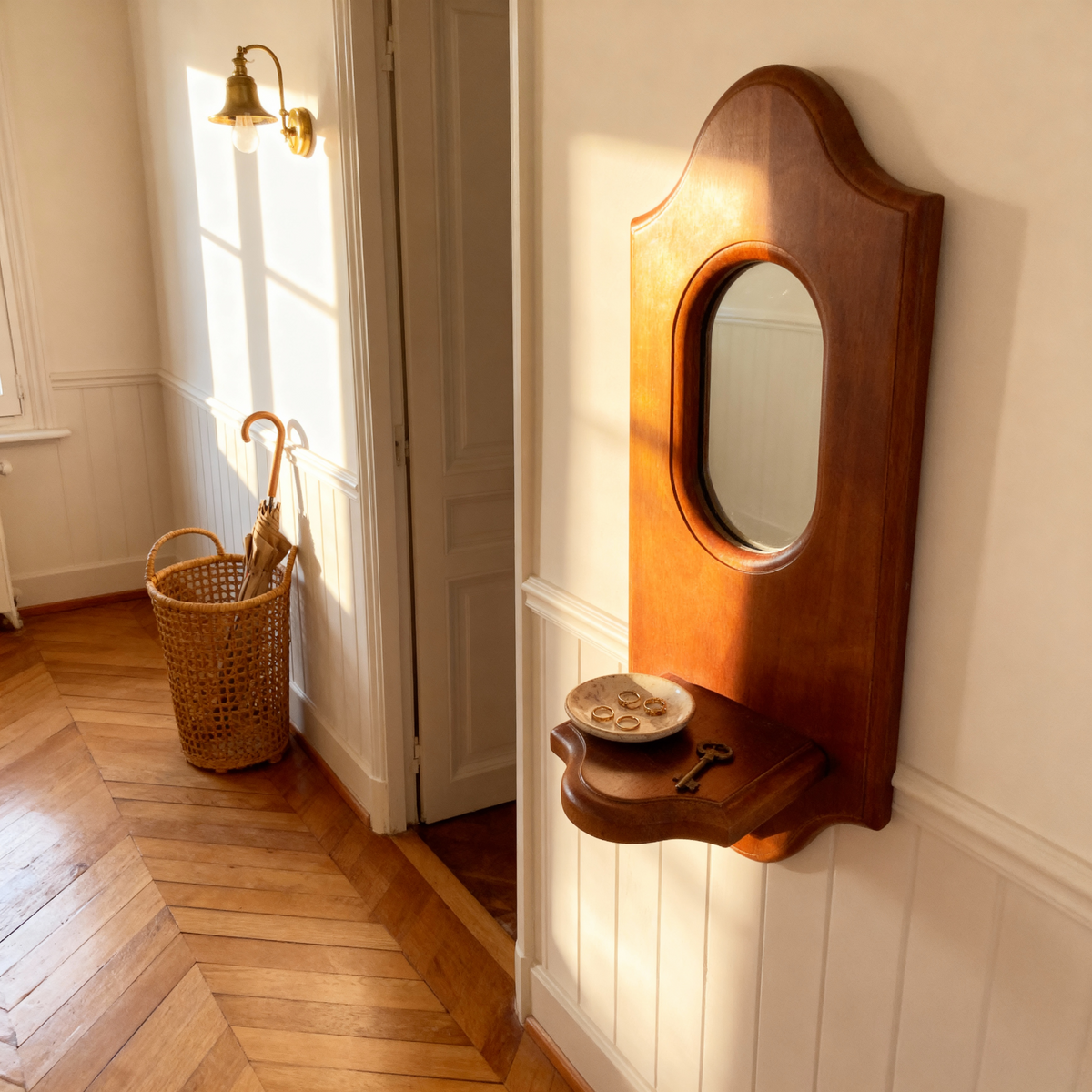 Miroirs : Miroir Mural Vintage Multifonctionnel avec Étagère Bois dans de Marche Lino