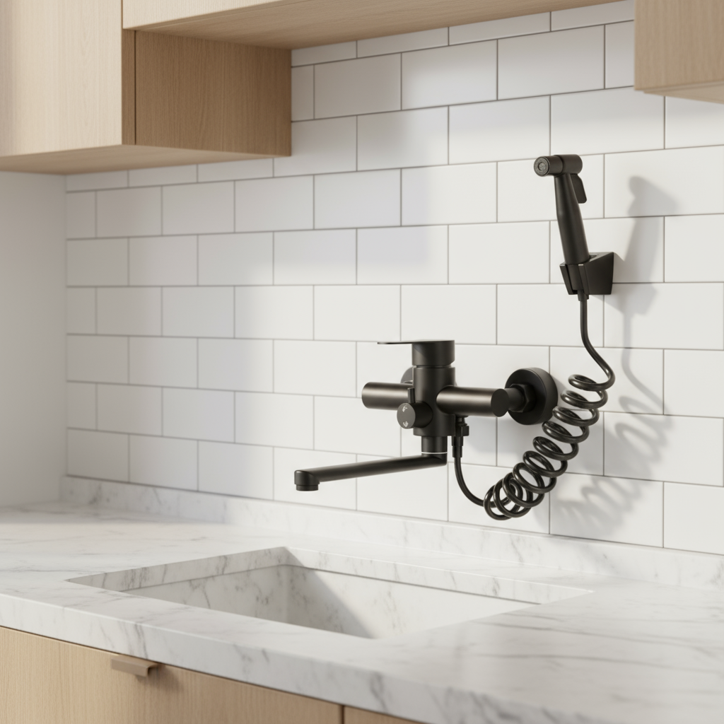 Robinet mural de cuisine pivotant 360° douchette acier inoxydable