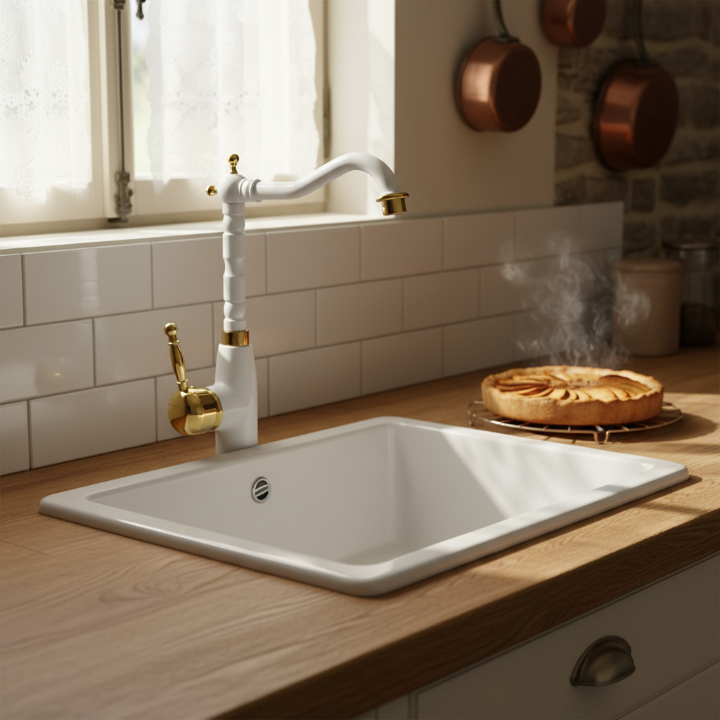 Robinet de cuisine : Mitigeur de Cuisine Blanc et Doré Robinet de cuisine dans de Marche Lino
