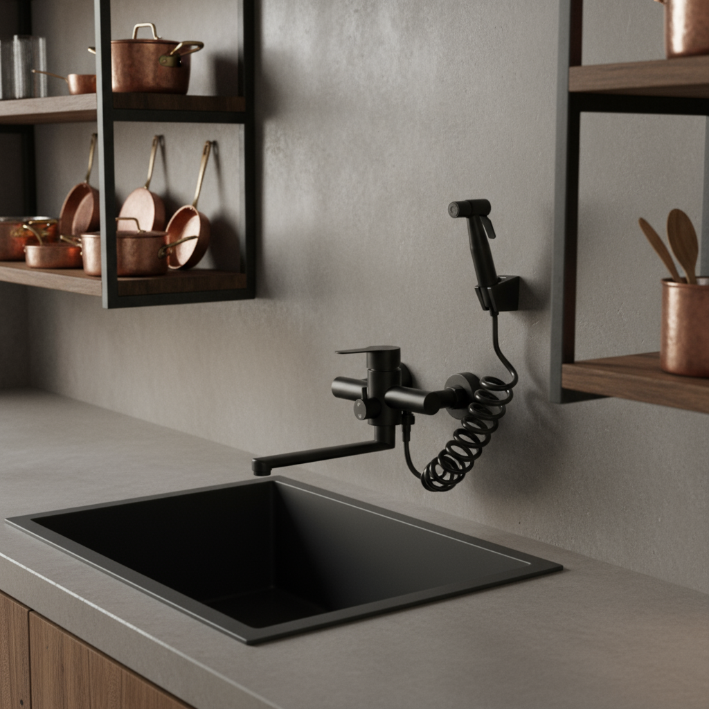Robinet mural de cuisine pivotant 360° douchette acier inoxydable