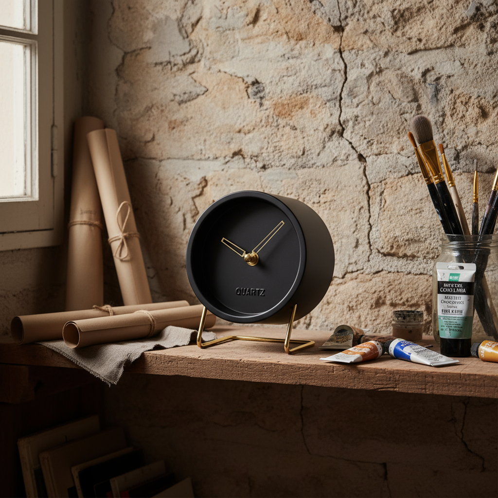 Horloge de Table Design Minimaliste Métal – Noire avec Pied Doré