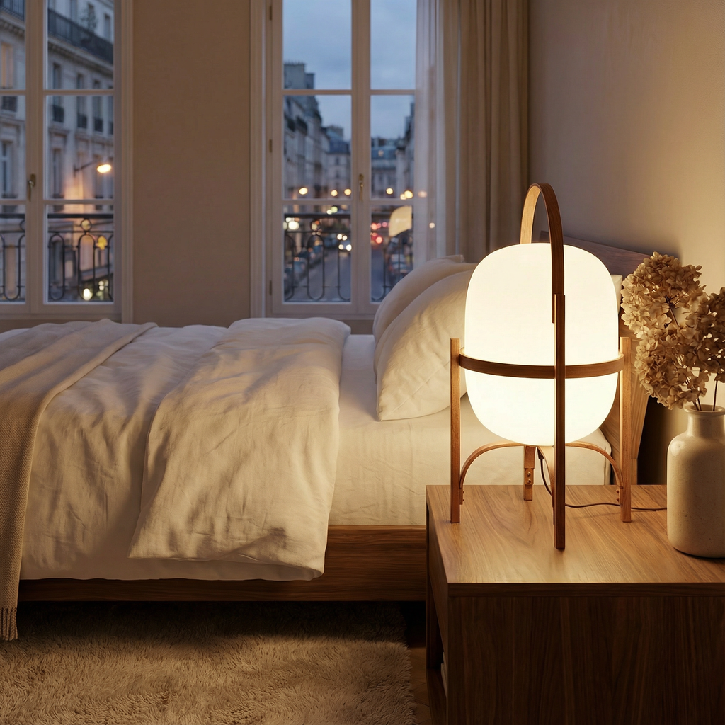 Lampe de Table LED Minimaliste Bois Verre Givré