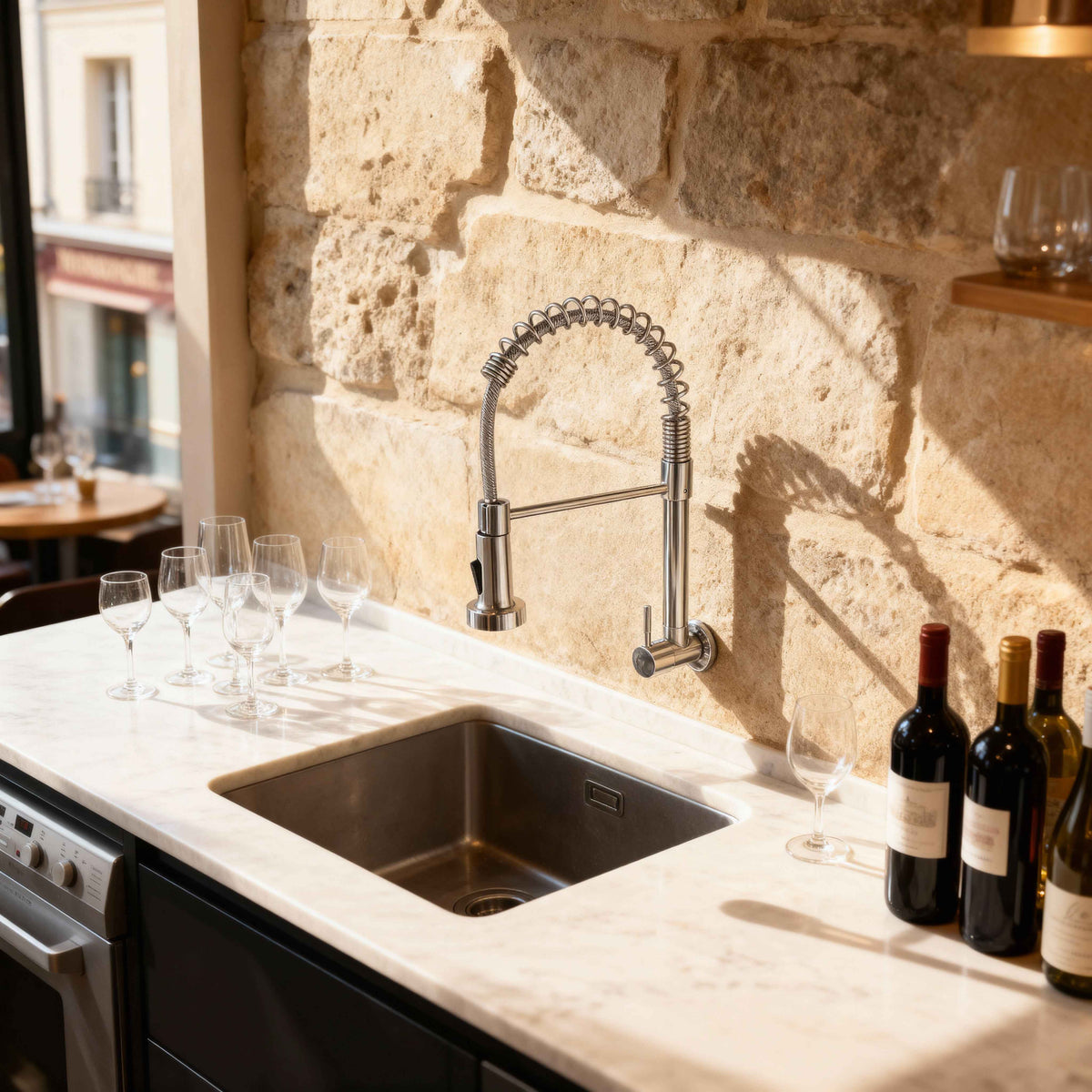 Robinet de cuisine : Mitigeur de Cuisine Mural en Acier Inoxydable dans de Marche Lino