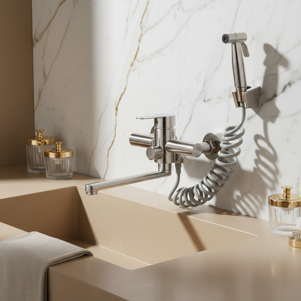 Robinet mural de cuisine pivotant 360° douchette acier inoxydable