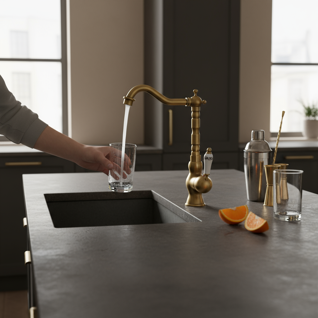 Robinet de cuisine : Mitigeur cuisine rétro laiton brossé, poignée unique, bec pivotant dans de Marche Lino