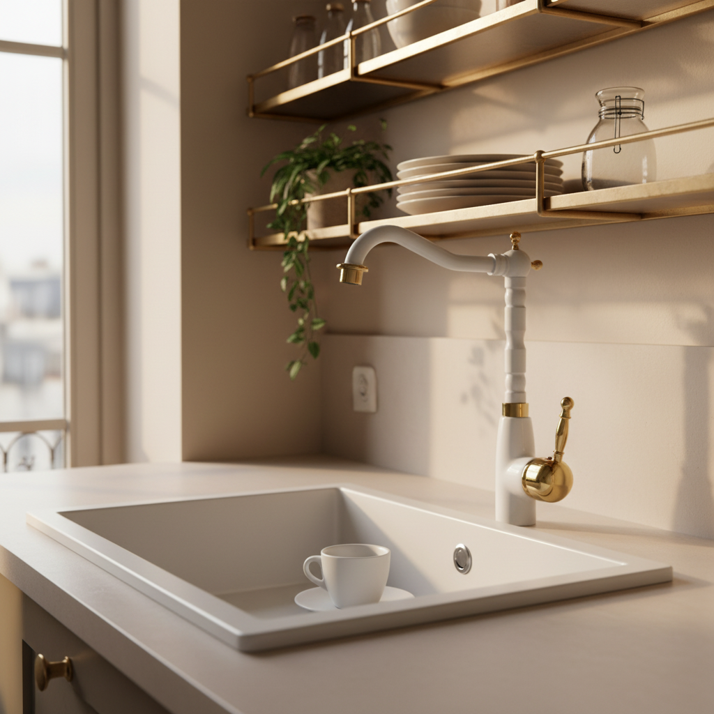 Robinet de cuisine : Mitigeur de Cuisine Blanc et Doré Robinet de cuisine dans de Marche Lino