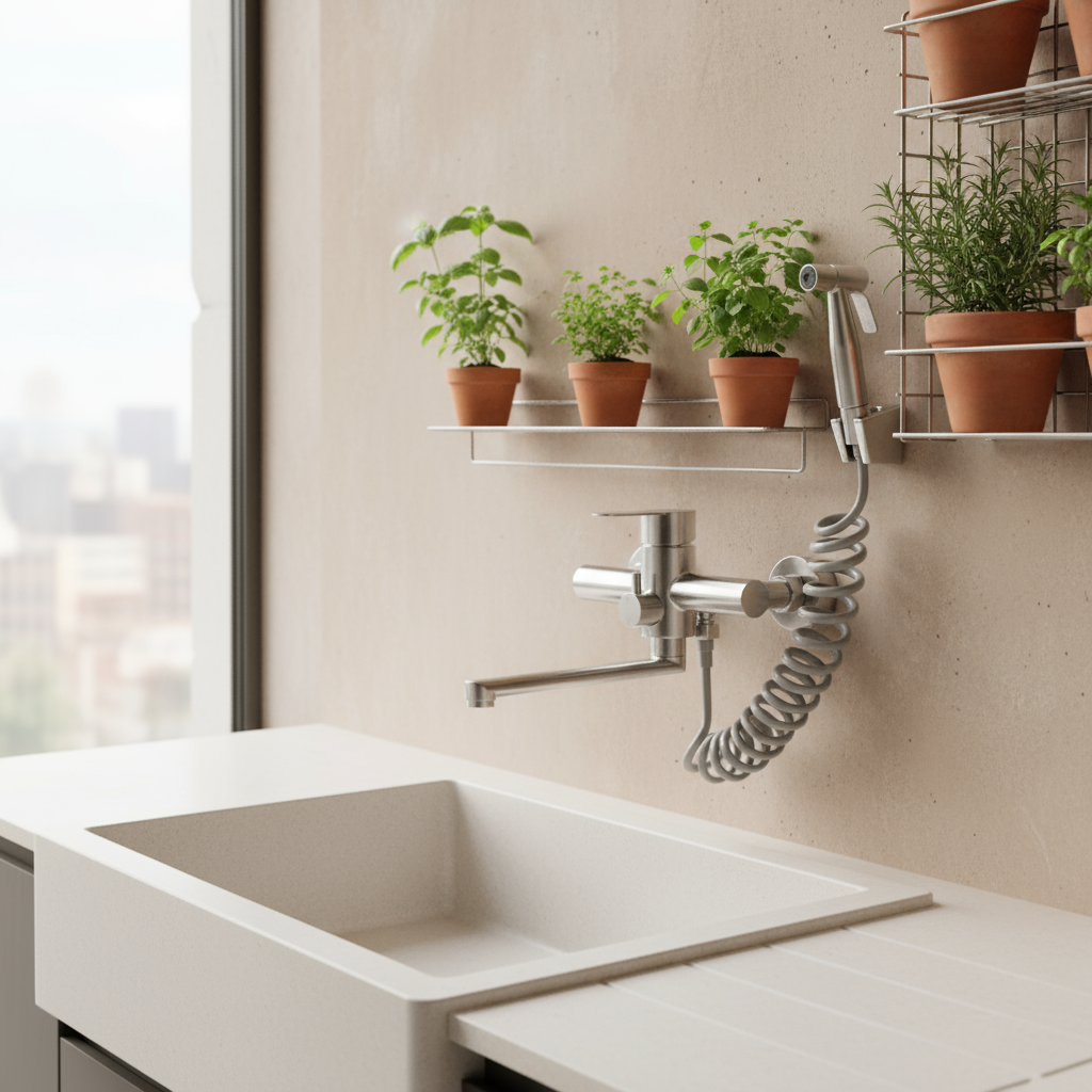Robinet mural de cuisine pivotant 360° douchette acier inoxydable
