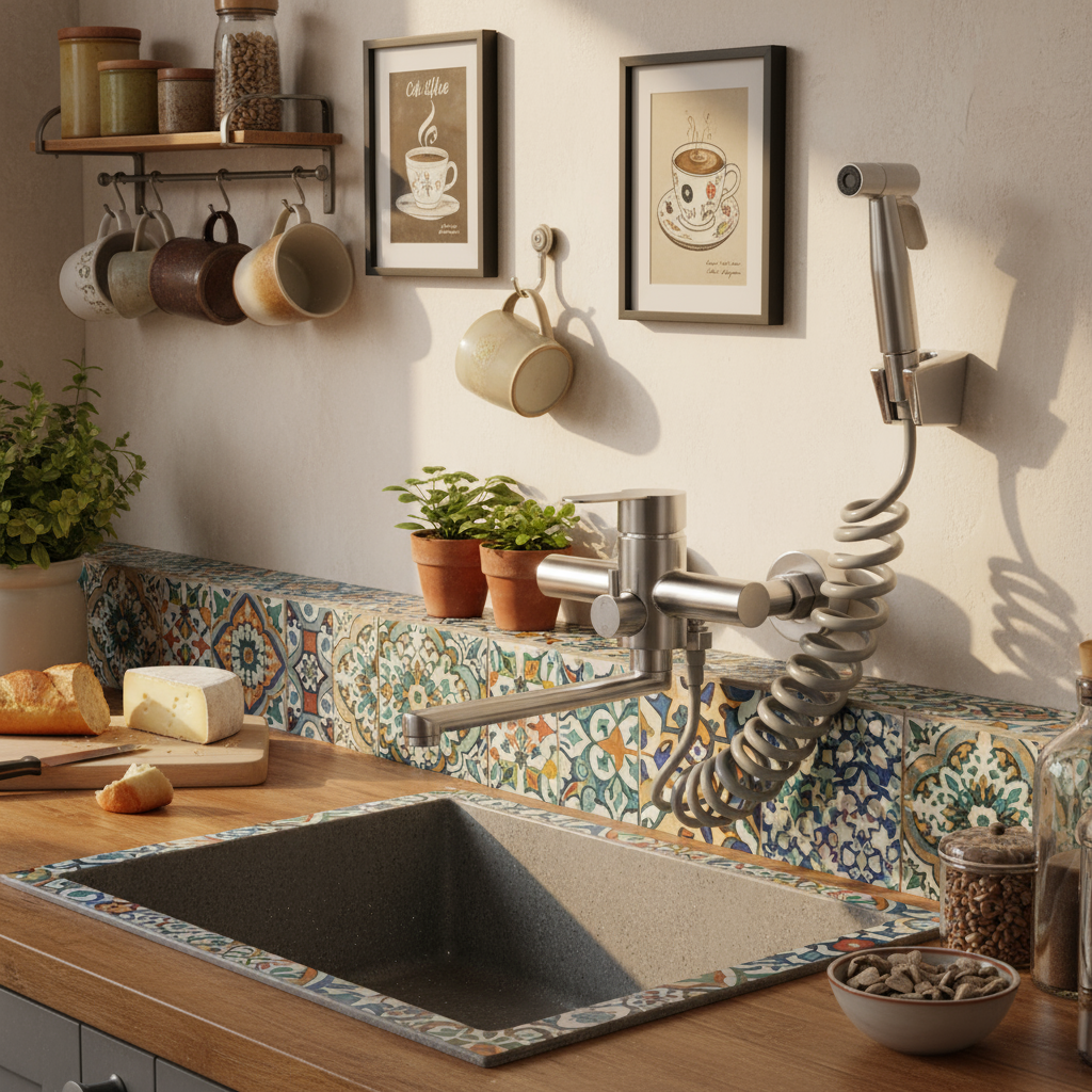 Robinet mural de cuisine pivotant 360° douchette acier inoxydable