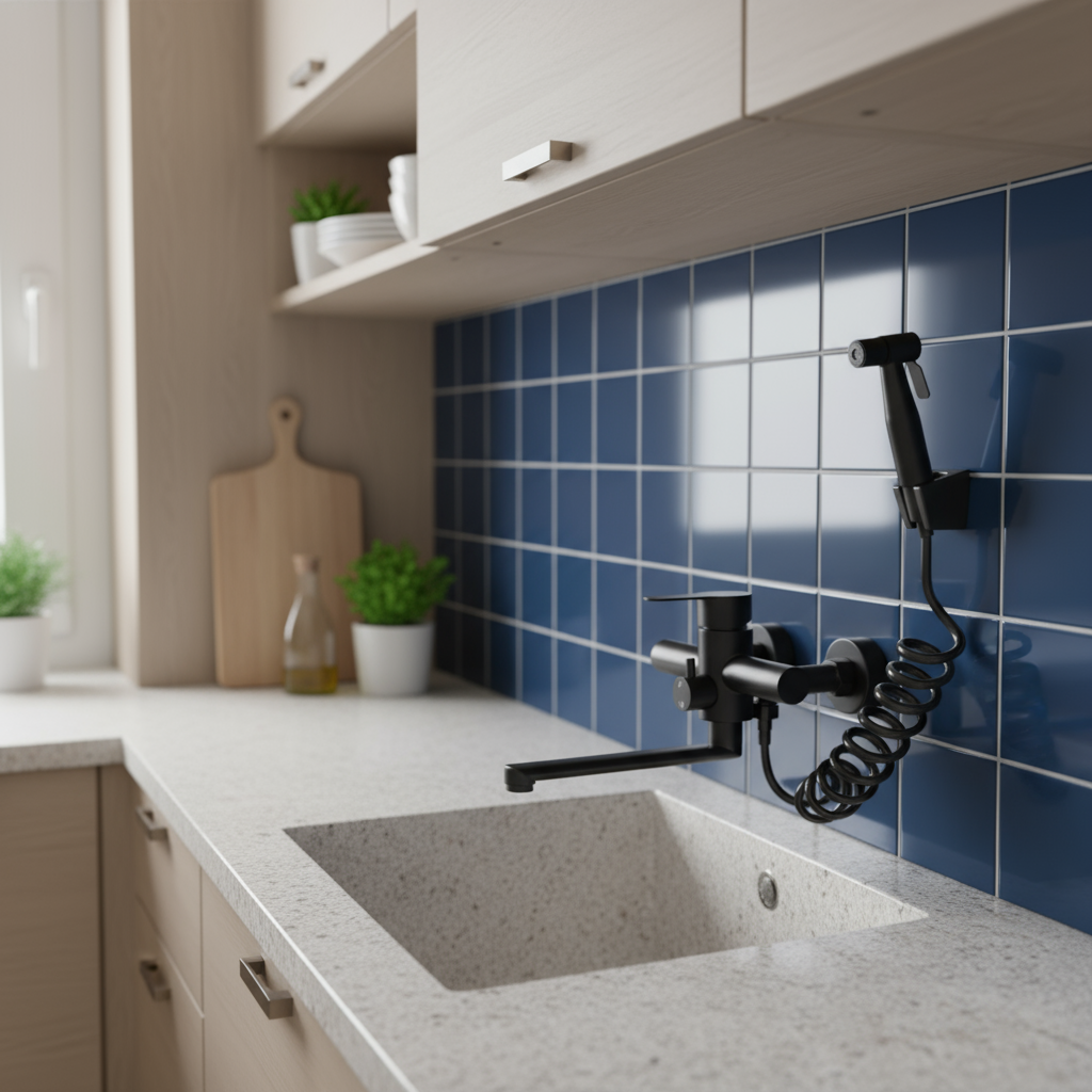 Robinet mural de cuisine pivotant 360° douchette acier inoxydable