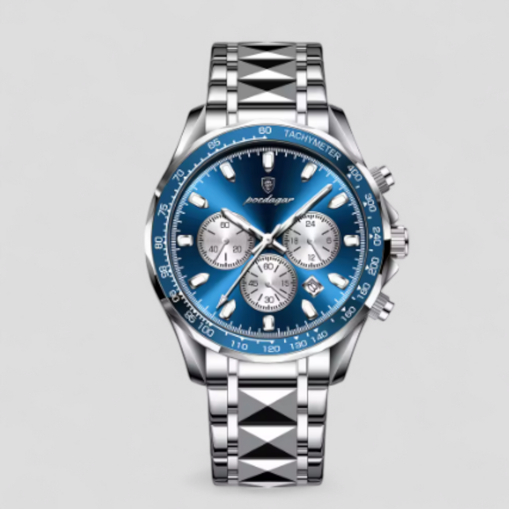 Montre Chronographe Homme de Luxe en Acier Inoxydable Argent