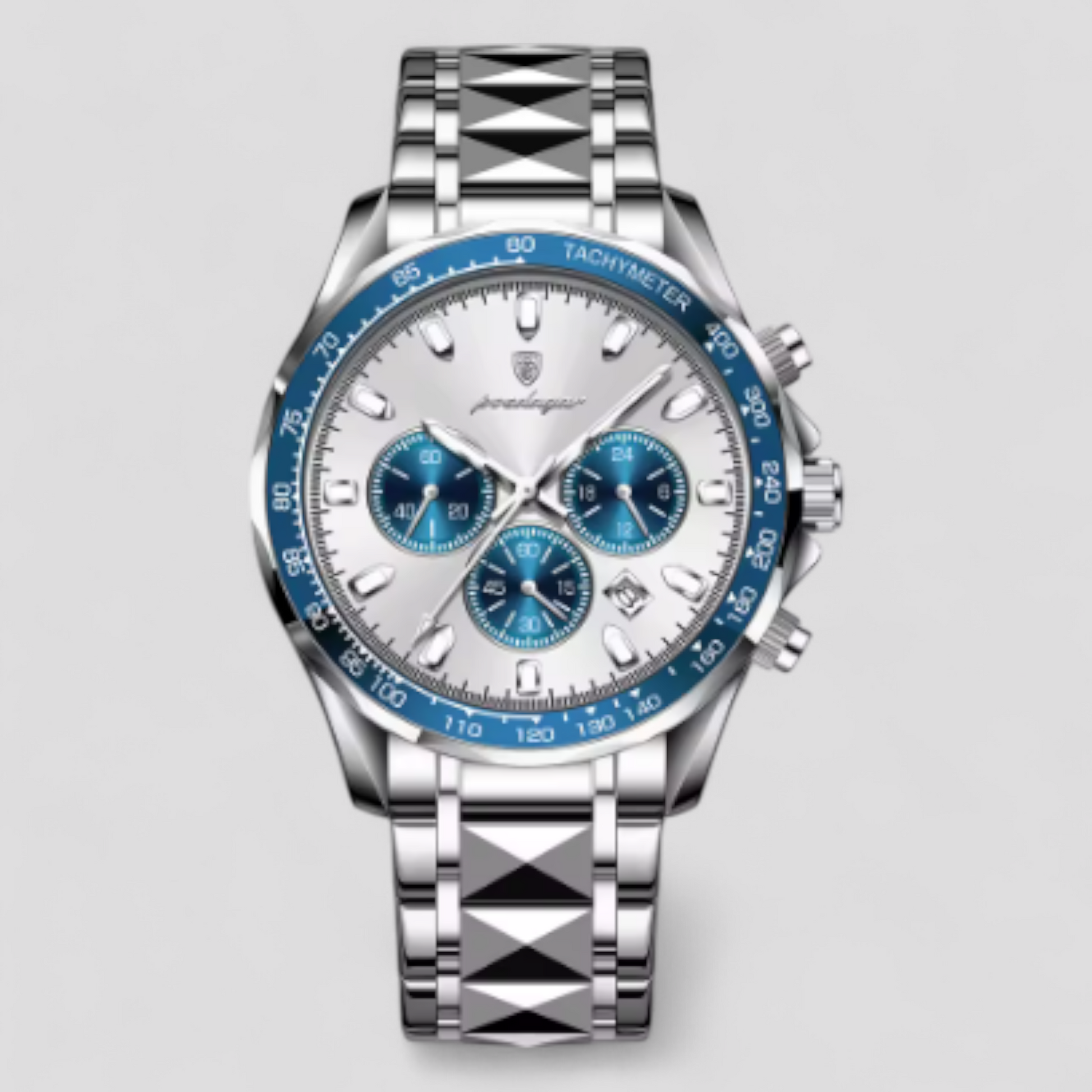 Montre Chronographe Homme de Luxe en Acier Inoxydable Argent