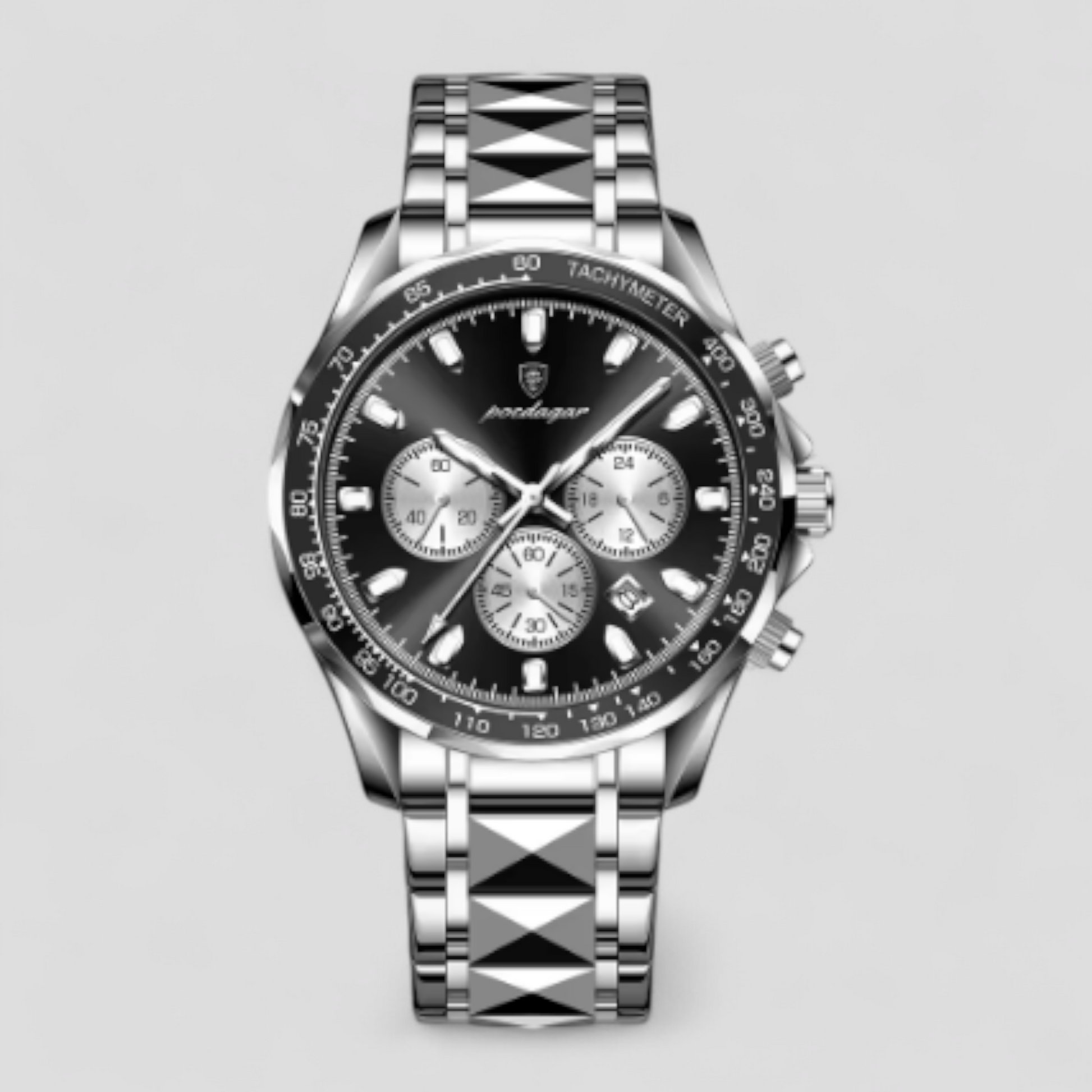 Montre Chronographe Homme de Luxe en Acier Inoxydable Argent