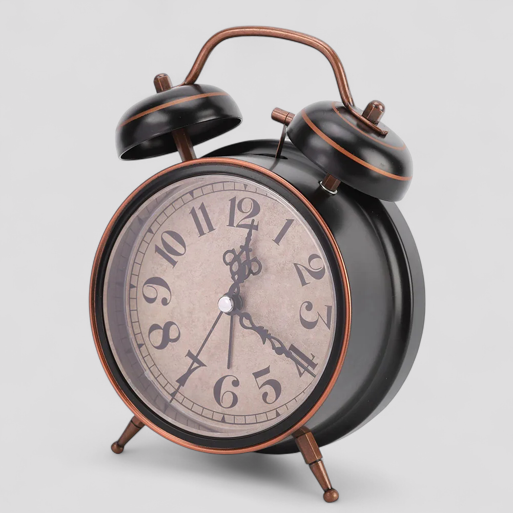 Réveil Vintage à Double Cloche – Design Analogique avec Rétroéclairage, Fonctionne à Piles – Finition Noir & Bronze