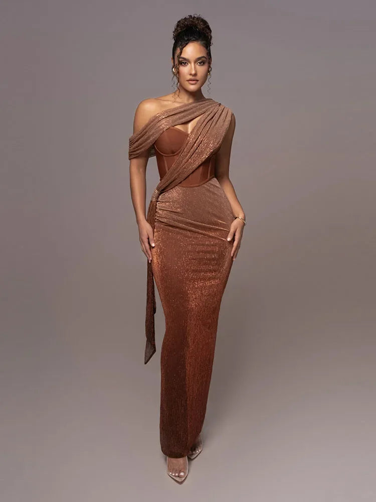 Robe de Soirée Asymétrique Femme avec Finition Métallisée