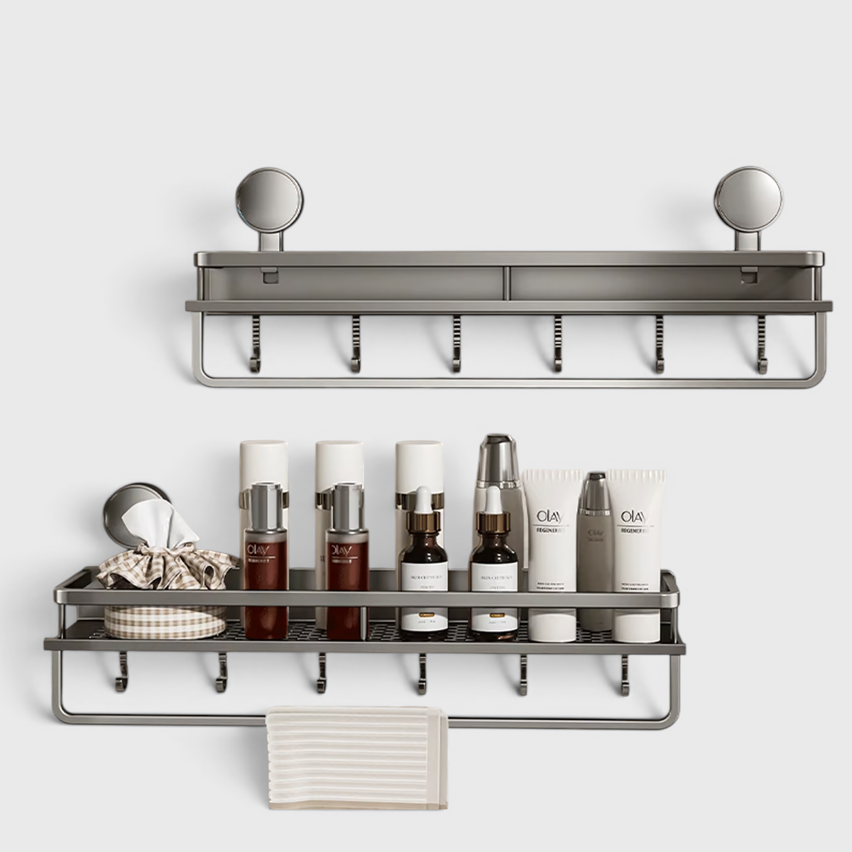Étagère de salle de bain en aluminium avec ventouses - Étagère murale avec crochets