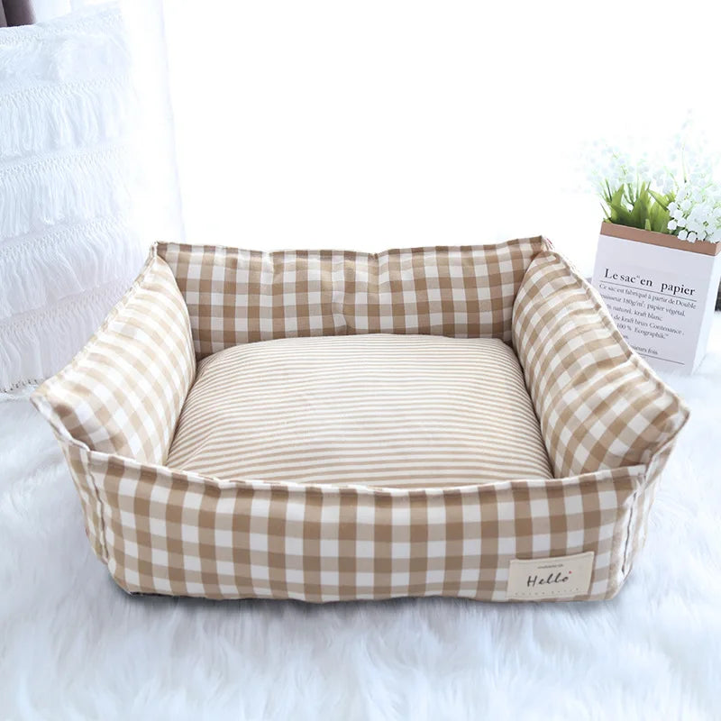 Lit pour chien Motif à carreaux beige - Lieu de repos douillet - 100% Coton