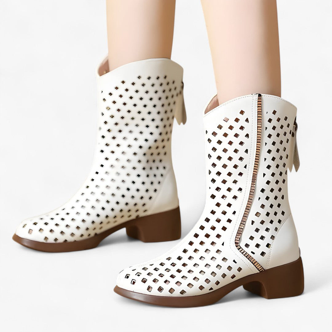 Bottes perforées en cuir véritable mi-mollet respirantes Femme