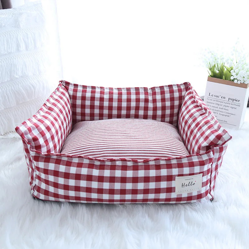 Lit pour chien Motif à carreaux beige - Lieu de repos douillet - 100% Coton