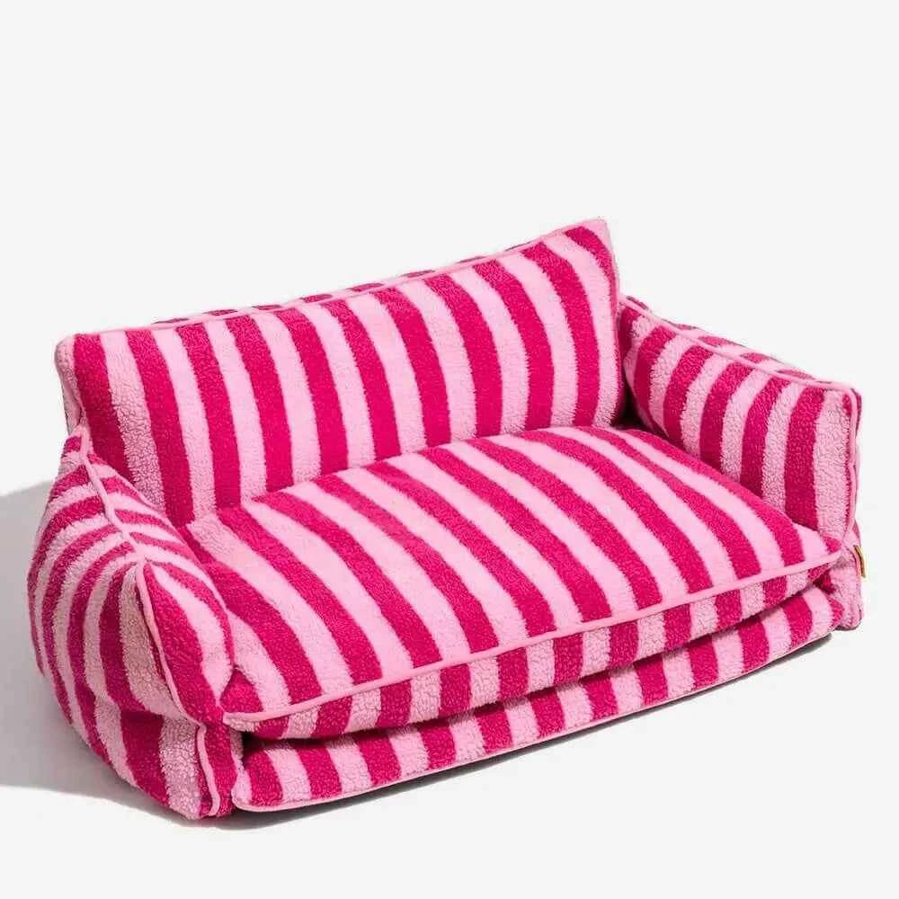 Lit pour chien Design à rayures roses - Doux et chaud lieu de repos - Imitation peau de mouton