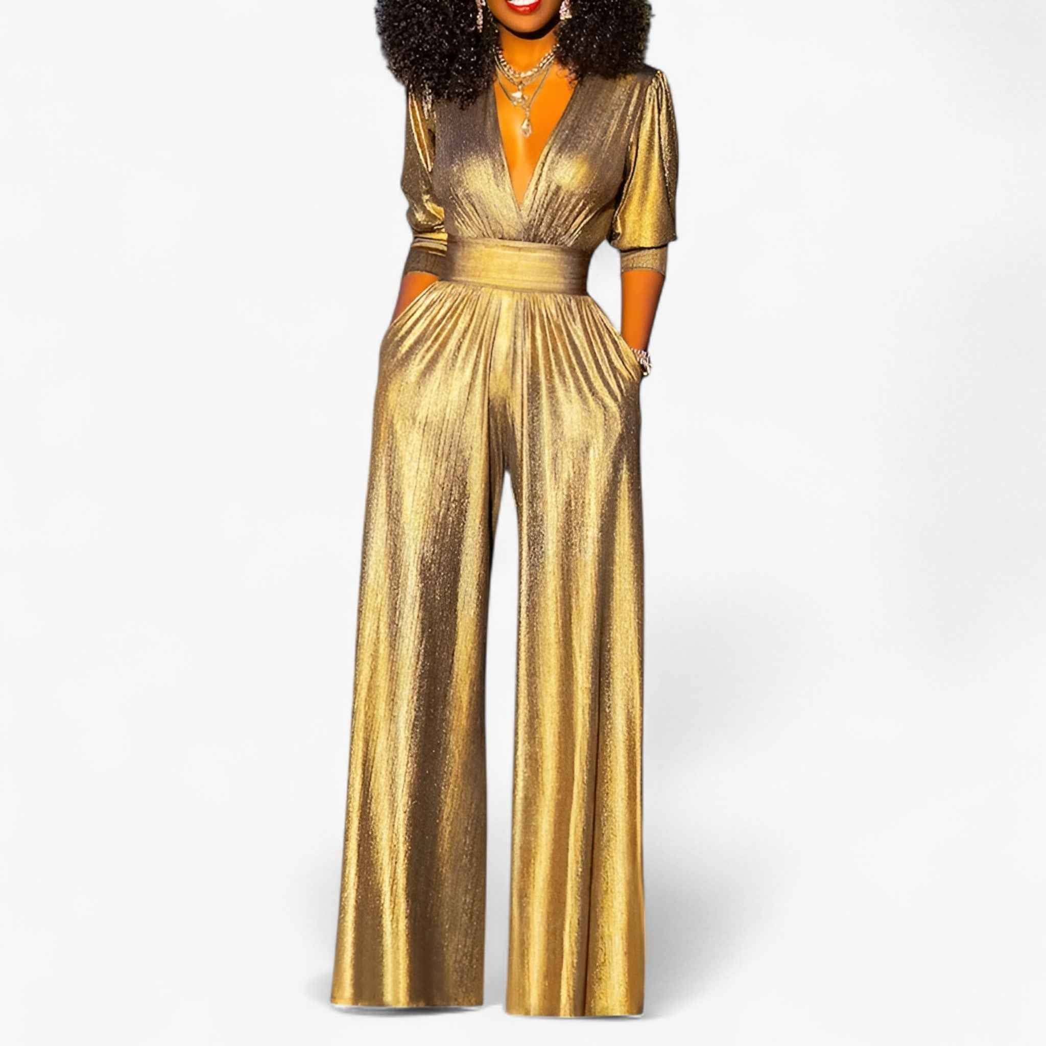Jumpsuit : Combinaison Vert Émeraude Femme Métallisée à Jambes Larges dans Or de Marche Lino