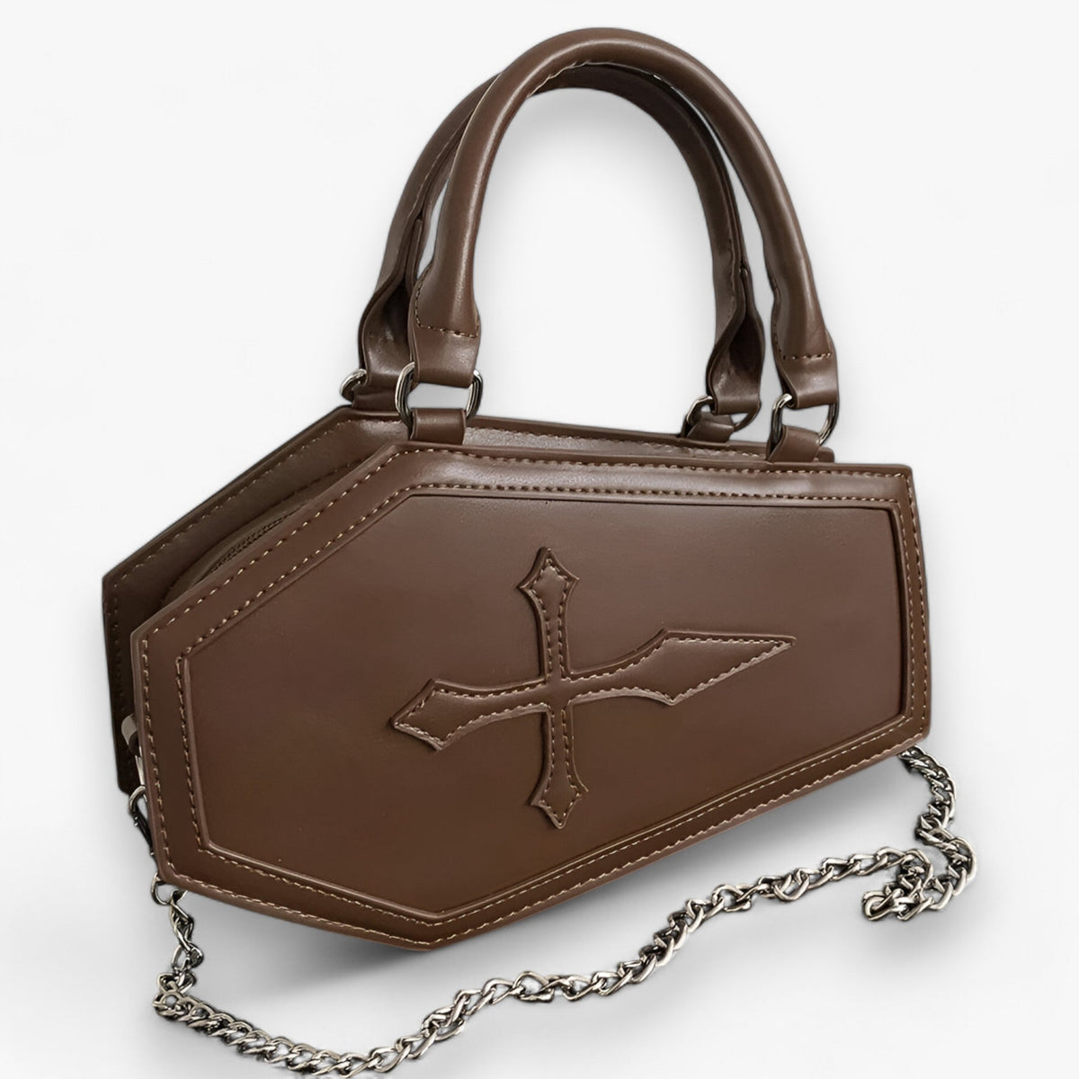 Handbag : Sac à Main Gothique en Forme de Cercueil avec Chaîne pour Halloween dans Marron Clair 24.5x6x15cm de Marche Lino