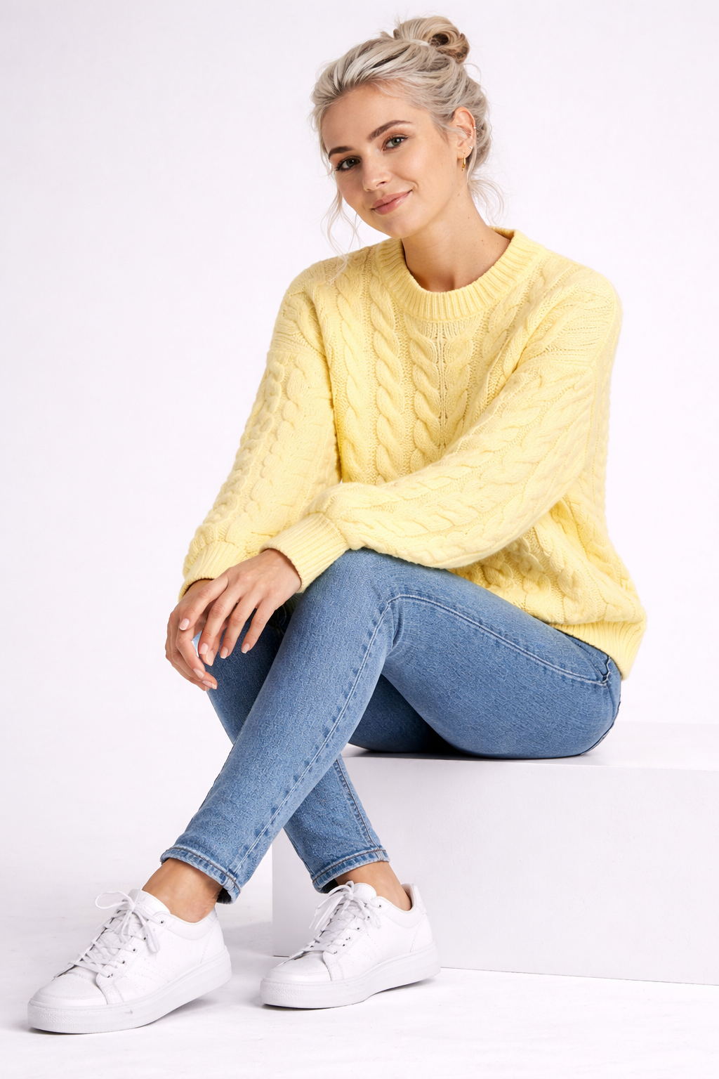 Pull Femme Jaune Torsadé Acrylique Entretien Facile