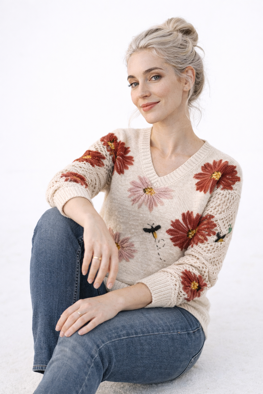 Pull Femme Floral à Col en V Manches Longues Mode Florale