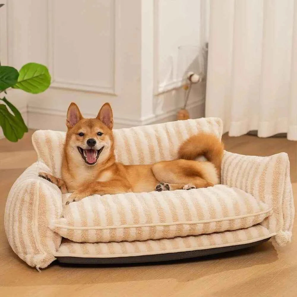 Lit pour chien Design à rayures roses - Doux et chaud lieu de repos - Imitation peau de mouton
