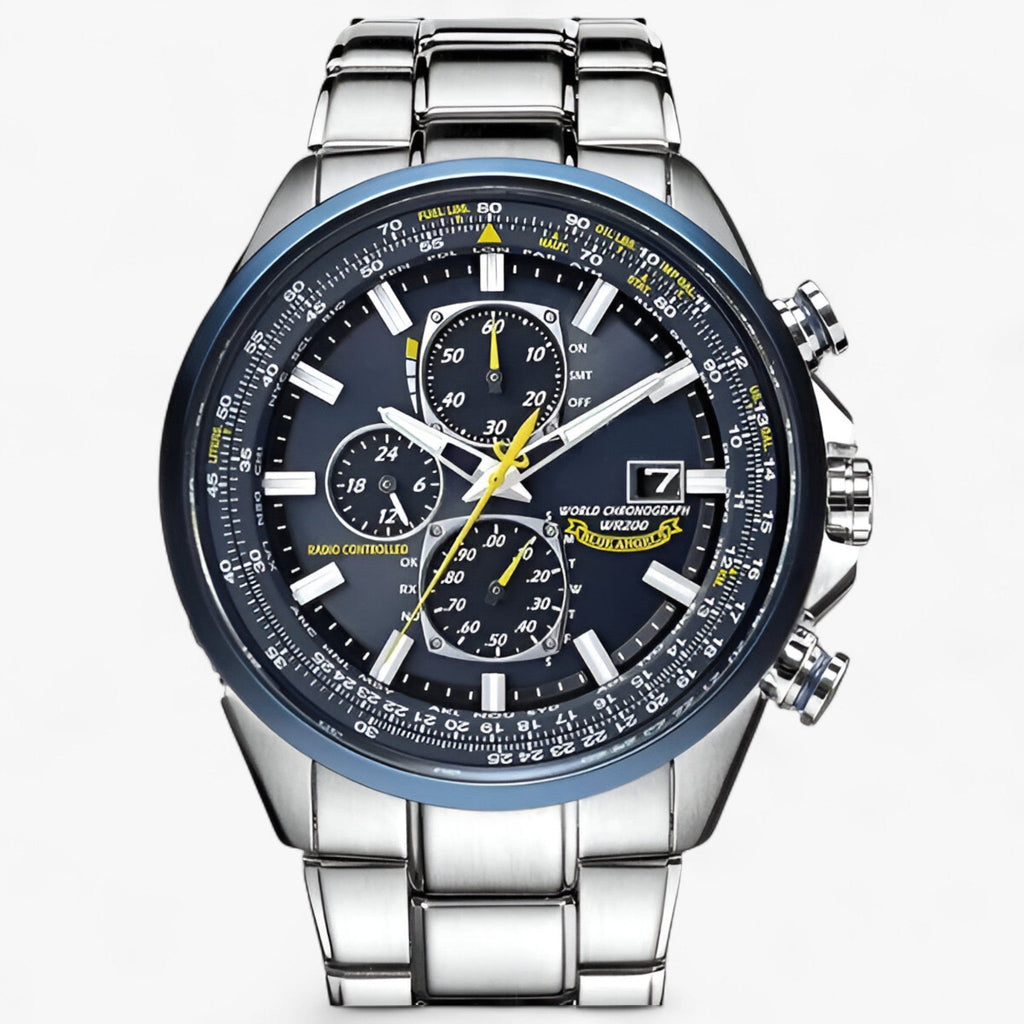 Montre Chronographe Homme MultiSteel 42mm, Acier Argent avec Cadran Bleu Élégant